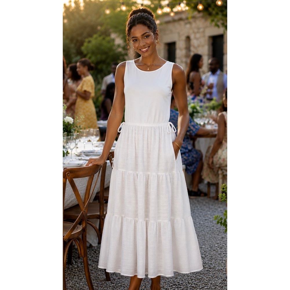 Ted Baker London White Skylir Sleeveless Tiered Midi Dress Pockets Zip Back US12